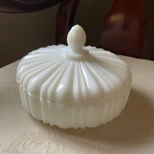 Anchor Hocking Old Cafe pattern milk glass covered dish, powder, candy dish